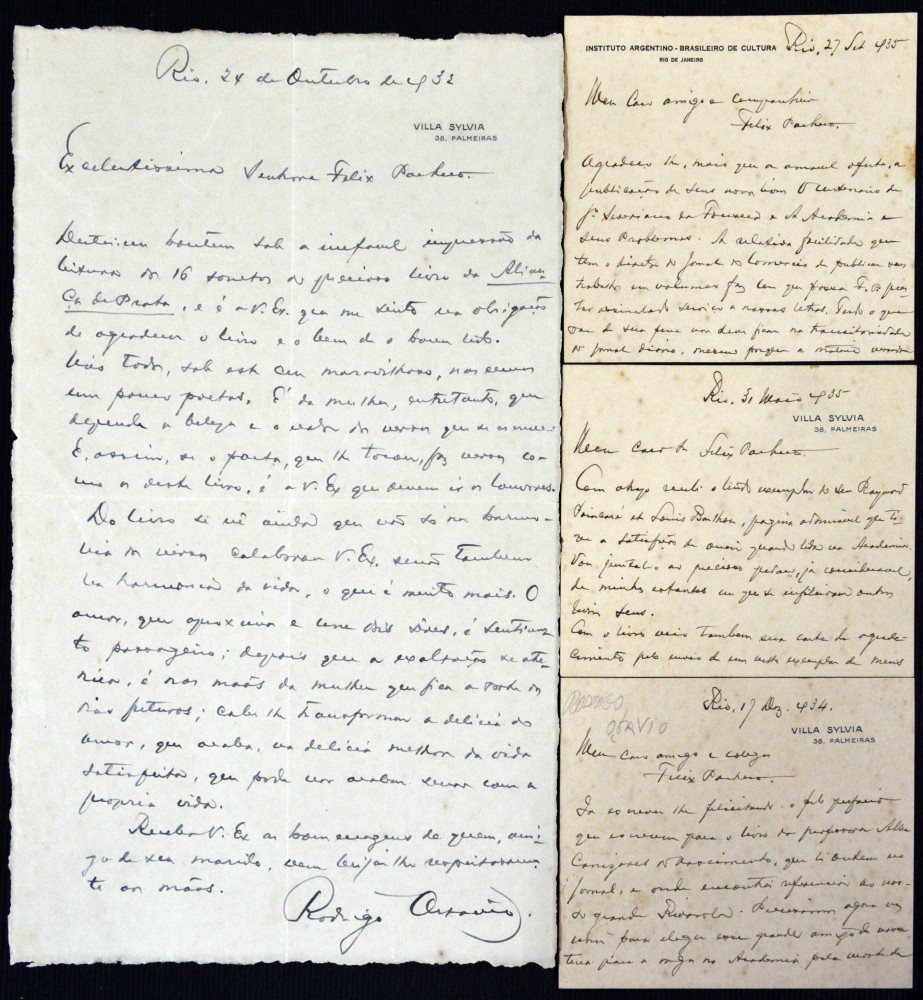 Carta manuscrita acompanhada de três cartões manuscrito