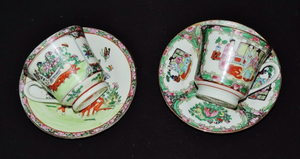 Antigo conjunto para chá em porcelana oriental policrom