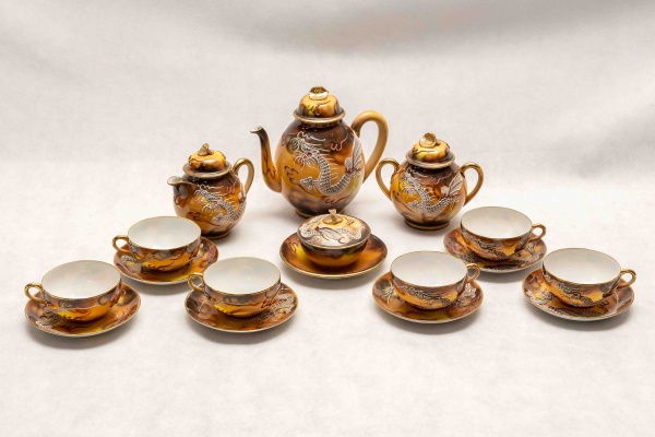 Jogo de chá em porcelana japonesa, decoração dragão, co