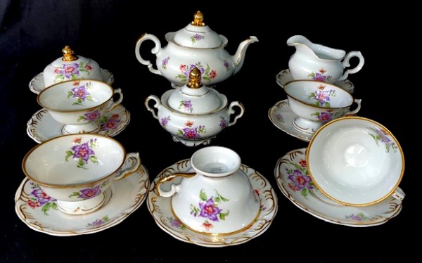 Antigo Jogo De Chá E Café, Porcelana Schmidt Floral Com Ouro