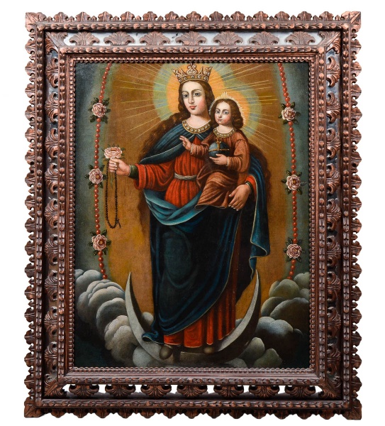ESCOLA CUSQUENHA - "Nossa Senhora do Rosário com menino Jesus". Óleo sobre tela, 94,5 x 73 c