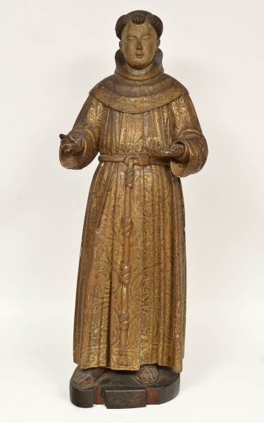 SANTO ANTONIO DE LISBOA (ou de PÁDUA) - Importante e rara imagem de Santo, em bloco maciço de madeir