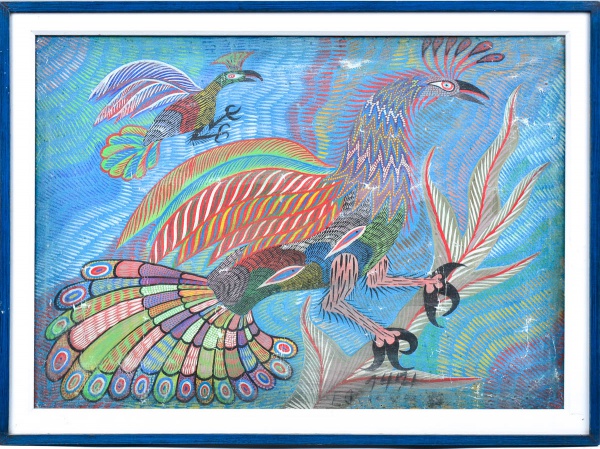 CHICO DA SILVA- "Pavões", óleo sobre tela, 505 x 70,5 cm. Assinado e datado no canto inferio