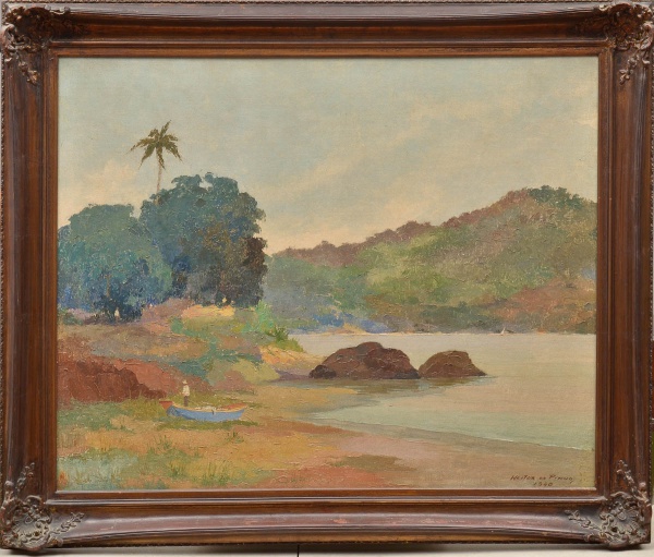 HEITOR DE PINHO ( RJ 1897 - RJ 1968),  "paisagem com lago, canoa e personagem", óleo sobre m