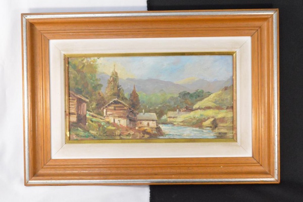 Arte . Assinatura Ilegível - Paisagem com igreja O.S.E óleo so foto 2