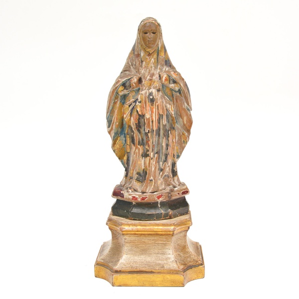 Antiga imagem de Nossa Senhora, esculpida em madeira nobre policromada, Brail, século XIX, base post