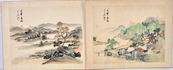 Três pinturas chinesas antigas aquarela e nanquim sobre