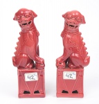 Cães de Fó, par de estatuetas chinesa, em porcelana sangue de boi, alt. 21cm.
