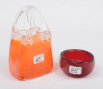 Vaso cesta e Bowl estilo art deco, em vidro murano laranja e vermelho, alt. 19 e diam. 9cm.