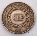 IMPÉRIO DO BRASIL. Moeda de 500 Réis, ano 1867 - Prata 917 - D. Pedro II - 2º tipo - Peso circa 6,3 g - Med.: 25 mm