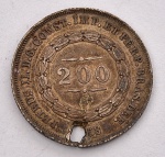 IMPÉRIO DO BRASIL. Moeda de 200 Réis, ano 1858 - Prata 917 - D. Pedro II - 2º tipo - Peso circa 2,5  g - Med.: 19,9 mm - com furo