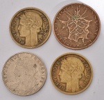 FRANÇA. (4) Moedas de franco: 25 centavos, (2) 1 franco e 10 francos - Anos 1905, 1932, 1938 e 1976 - Maior medindo 26 mm