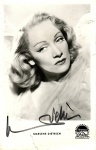Fotografia autografada da atriz alemã Marlene Dietrich, medindo 8,5 x 14 cm. Alguns rasgos nas bordas.