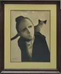 REYNALDO DA FONSECA - "Figura e gato". Desenho em preto e branco, sobre papel 65 x 50 cm. As