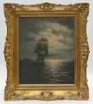 CARLOS BALLIESTER- "Marinha com galeão e farol", óleo sobre tela colado em cartão, 54 x 44,5