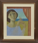 JOÃO QUAGLIA - "Mulher na janela". Óleo sobre tela, 61 x 50 cm. Assinado no C.I.D. No verso,