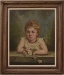 V. KATCHINKI (?) - "Menina e flores". Óleo sobre tela, 57 x 47,5 cm. Assinado no C.I.D. Mold