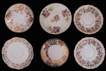 Seis pratinhos em porcelana de diversas procedências (Alemanha, França-Limoges, England, Japan). Medida menor 13,5 cm. Medida menor 16,5 cm.