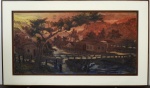 TANFIK  " Paisagem com casas, rio e ponte " óleo sobre eucatex, 61 x 22 cm. Assinado no canto inferior direito. Moldura de madeira, paspatur creme 85 x 147 cm.