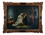 PAUL DELARCHE - "The Baker - Decaptação de Lady Grey", reprodução em óleo sobre tela, 89 x 120 cm. Adquirida no Museu do Louvre, onde a original encontra-se exposta, datada de 1833. O rei Henrique VIII manda decaptar sua esposa, por não lhe conceder um filho varão. Moldura de madeira entalhada e dourada, medindo 118 x 150 cm.