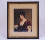 SIR THOMAS LAWRENCE (1769-1830) - "Mrs Cuthbert" reprodução a cores sobre papel, 25 x 19,5 cm. Edição datada de 1969, do original datado de 1817, que encontra-se no Museu do Louvre, France. Moldura de madeira escura, medindo 41 x 35,5 cm. Paspatur creme, proteção de vidro.