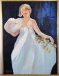 SANSÃO PEREIRA - " Mulher com chapéu de flores " óleo sobre tela de canhamo, 198 x 148 cm. Assinado no canto inferior esquerdo. Moldura de baguete dourada, 205 x 153 cm.