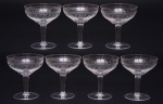 Sete taças para champanhe em cristal translucido lapidado. Altura 11 cm.