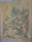 Pintura em papel Chinês, com paisagens, montanhas e  lago. Medida=46 x 36 cm. Com mancha parte de baixo.